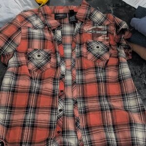 Harley-Davidson Men's Orange and Black Plaid Shirt